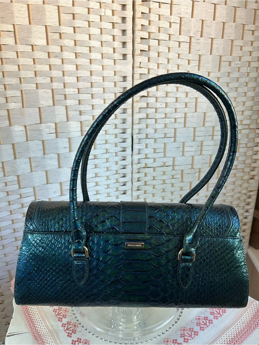 BRAHMIN DAYAN Evergreen Teal KALOPSIA Satchel Bag Purse Faux-Snakeskin Like New